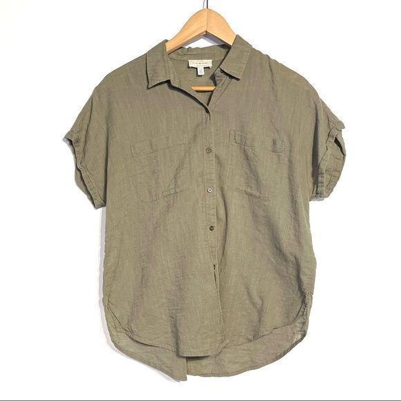 Lucky Brand S Short Sleeve Top Relaxed Button-down Collar Shirt Blouse Sage - Picture 1 of 6
